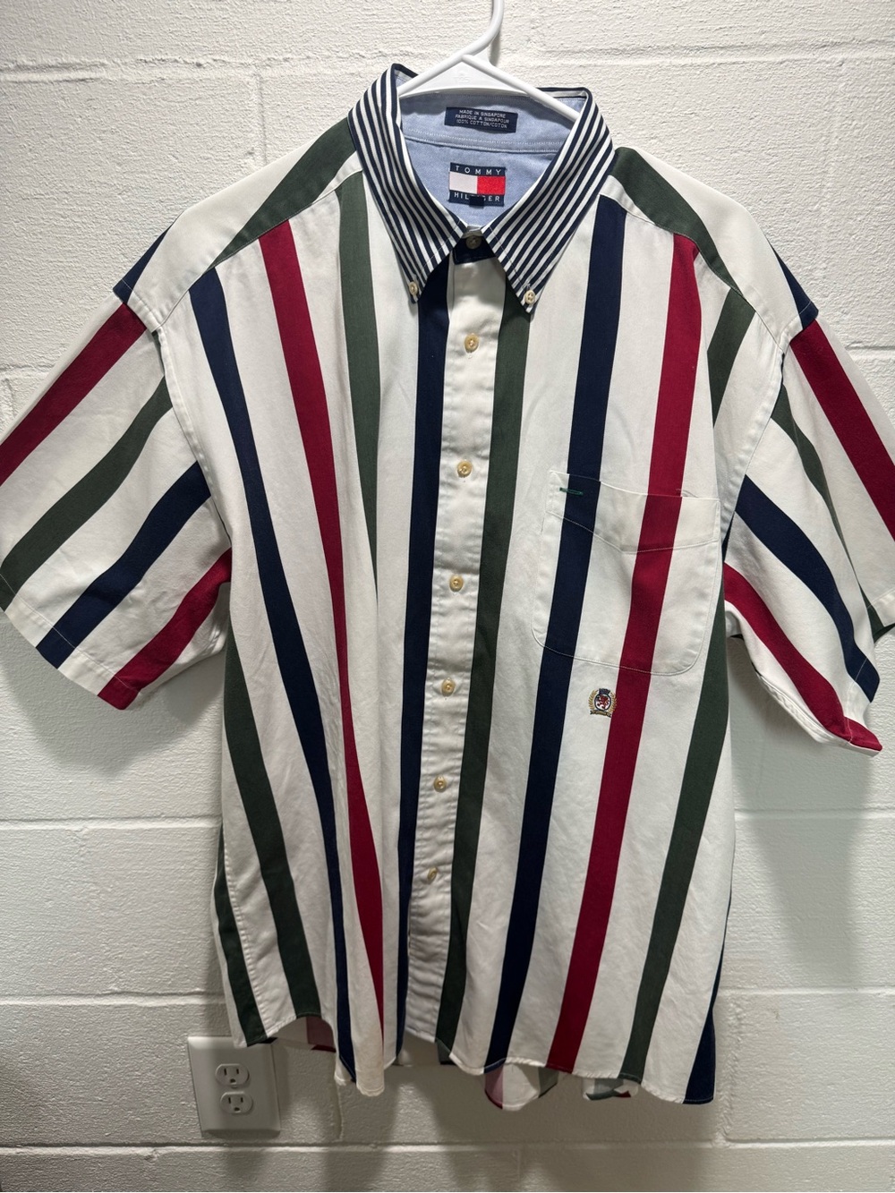 Vintage 90’s Tommy Hilfiger White Button-Down  with Navy, Red & Green Stripes